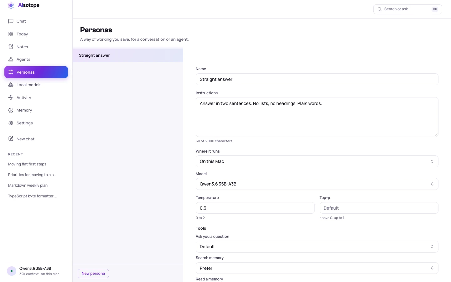 The Personas screen: a persona called Straight answer with its instructions, the Mac it runs on, the model it uses, a temperature of 0.3 and one tool it prefers.