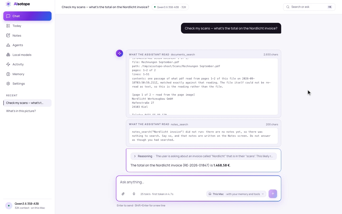 A conversation asking for the total on a scanned invoice: the assistant’s receipt names the file, the pages it read and quotes the German text, and the reply gives the total in English.