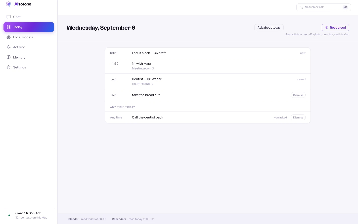 The Today screen: the day’s calendar items with their times and sources, and a Read aloud control in the header.